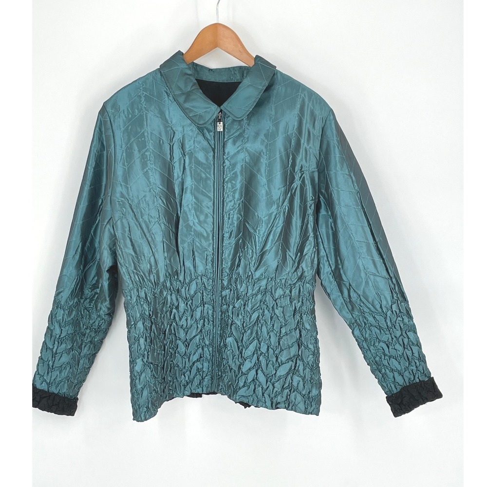 UBU Unpack Personality Women Jacket XL Zip Teal Quilted Smocked Textured Shimmer